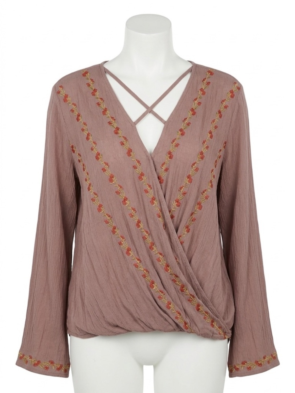 Easel Mauve Embroidered Floral Wrap Boho Blouse Caged Surplice Long Sleeve Large